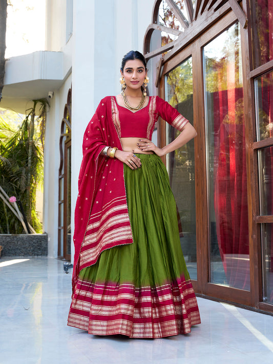Mehendi Color Plain With Zari Weaving Work border Pure Chanderi Lehenga Choli