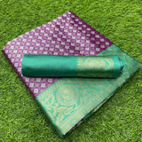 MAGENTA & FIROZI PURE SOFT SILK SAREE WITH IMBRICATION BLOUSE PIECE